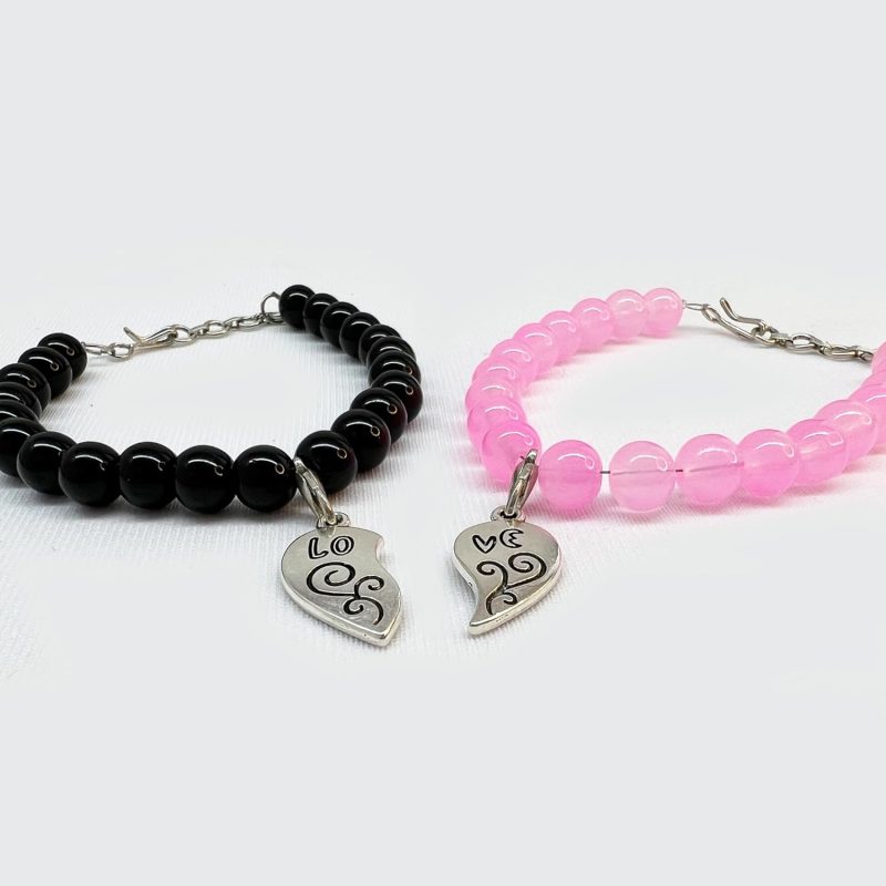 His & Her Soulful Couple love Bracelets with Interlocking Heart Symbolizing Love connection Crafted beaded jewelry with Black & Pink Pearls know for Sincerity. - Image 3