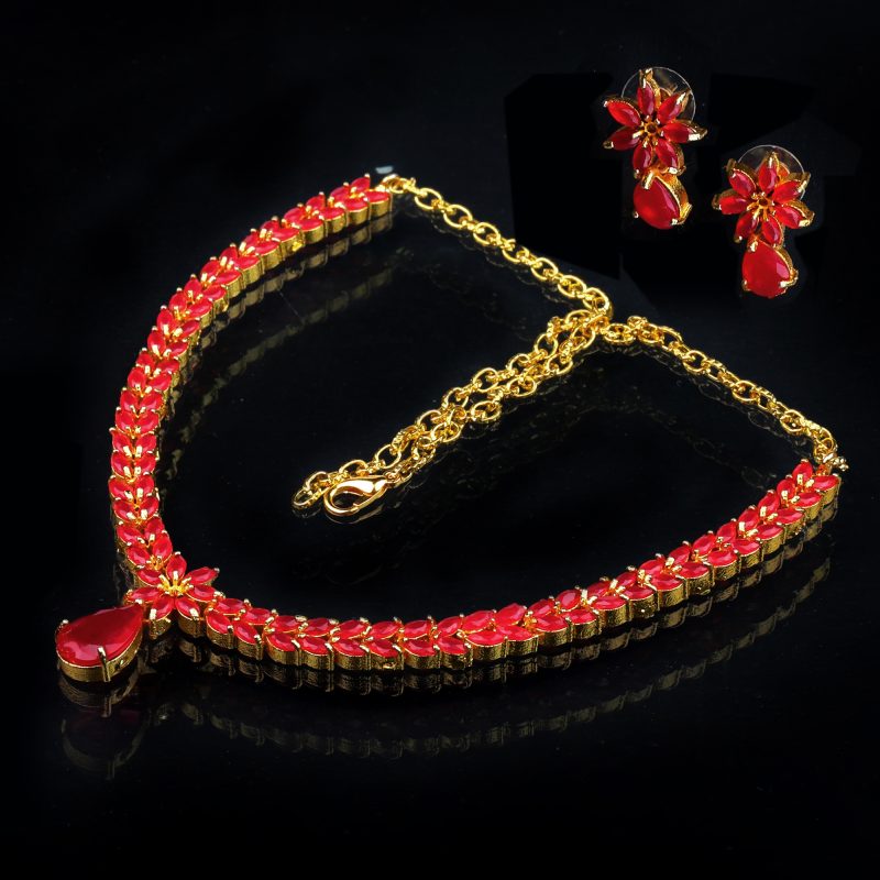 Ruby Stone Necklace Earrings Set with Floral Leaf Design in Rani/ruby Color Gold-Plated - Image 2