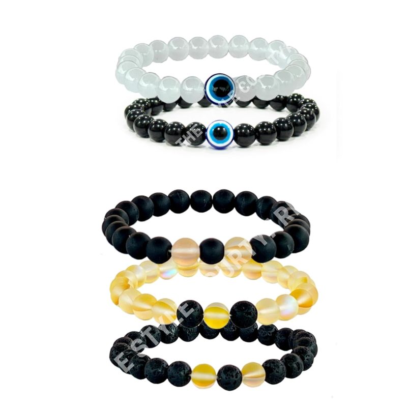 Amplify & rejuvenation your energy Harmonious with Set of 5 Bead Bracelets Featuring Yellow Aura, Lava, Black Onyx, White Evil Eye, and Black Evil Eye Bracelets - Image 2