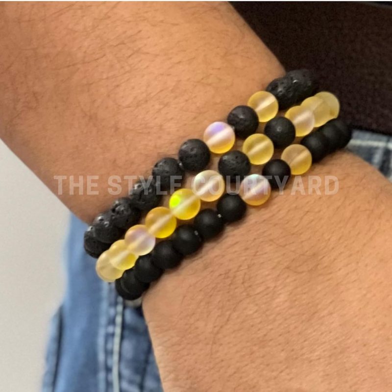Amplify & rejuvenation your energy Harmonious with Set of 5 Bead Bracelets Featuring Yellow Aura, Lava, Black Onyx, White Evil Eye, and Black Evil Eye Bracelets - Image 3