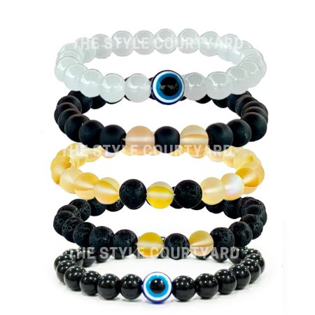 Amplify & rejuvenation your energy Harmonious with Set of 5 Bead Bracelets Featuring Yellow Aura, Lava, Black Onyx, White Evil Eye, and Black Evil Eye Bracelets