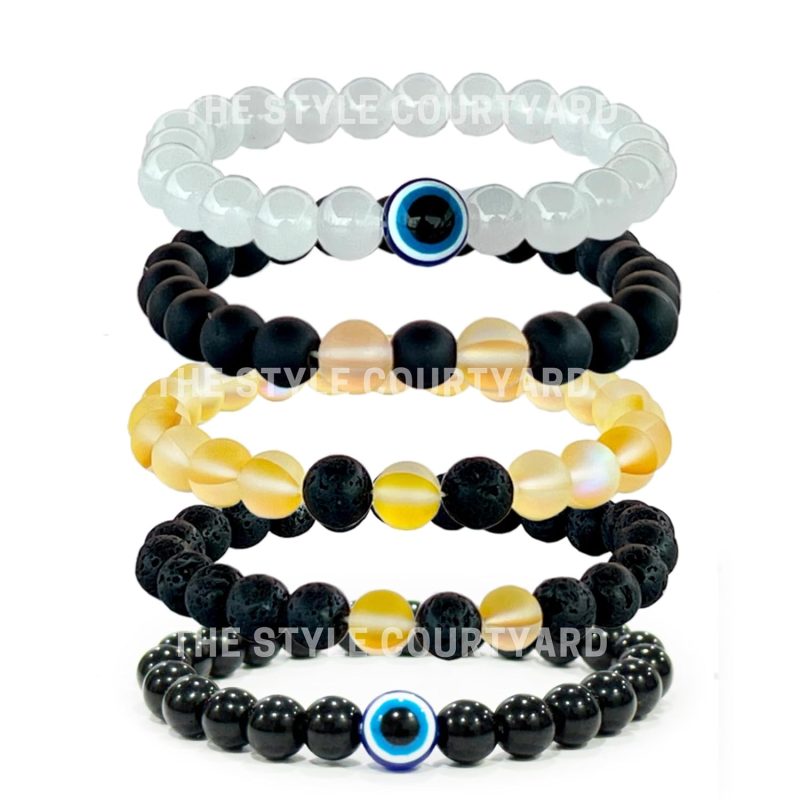 Amplify & rejuvenation your energy Harmonious with Set of 5 Bead Bracelets Featuring Yellow Aura, Lava, Black Onyx, White Evil Eye, and Black Evil Eye Bracelets
