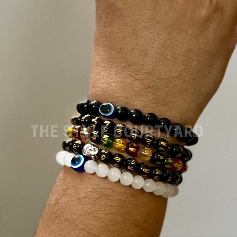 The Power of Mantras and Protection 5 Bead Bracelets comprising Mystical Mantra Om Mani Padme Hum with Buddha Charm and Dual Evil Eye Charms - Image 4