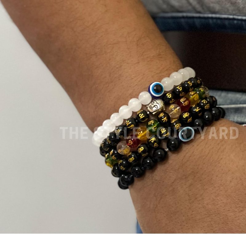 The Power of Mantras and Protection 5 Bead Bracelets comprising Mystical Mantra Om Mani Padme Hum with Buddha Charm and Dual Evil Eye Charms - Image 3