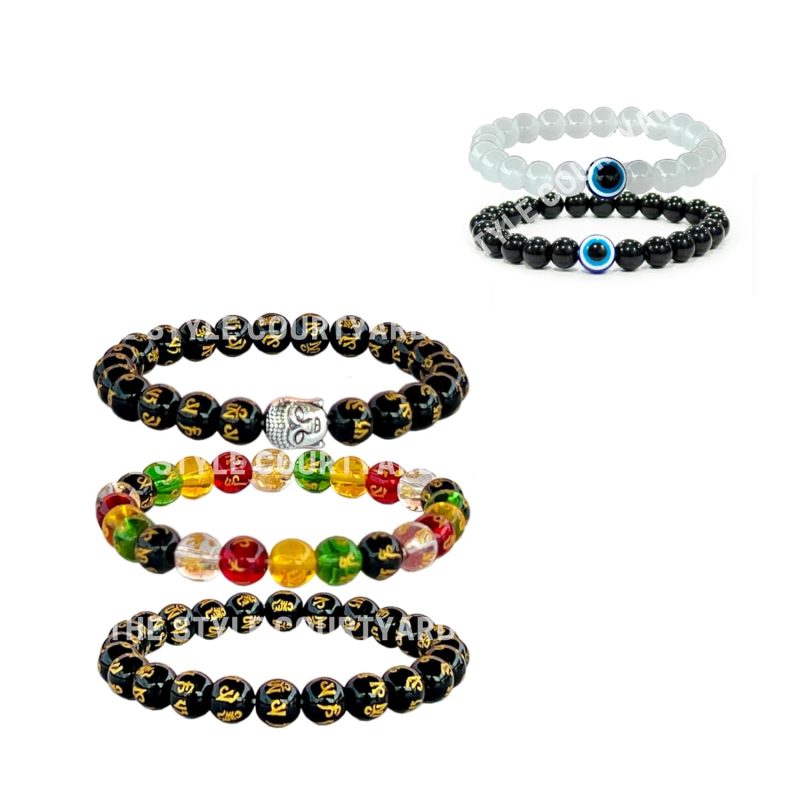 The Power of Mantras and Protection 5 Bead Bracelets comprising Mystical Mantra Om Mani Padme Hum with Buddha Charm and Dual Evil Eye Charms - Image 2