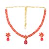 Ruby Stone Necklace Earrings Set with Floral Leaf Design in Rani/ruby Color