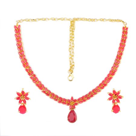 Ruby Stone Necklace Earrings Set with Floral Leaf Design in Rani/ruby Color