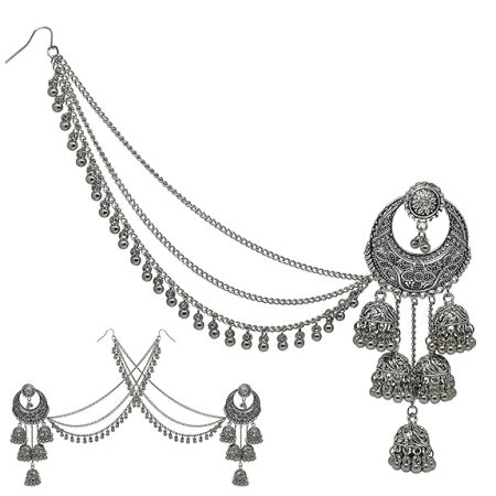 Oxidized Traditional Wedding Earring Chandbali Design Bahubali Hair Chain or Kan chain Ethnic Earrings Jhumka for Women and Girls
