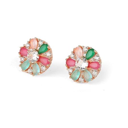 Elegant Rose gold Floral Ear Studs with Pastel Pink, Green, & Blue stones crafted with radiance of AD Stones for Women and Girls