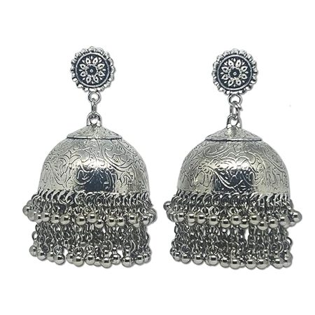 Big Handmade Dome shaped Oxidized Double layered Daana art Design Embossed Jhumka