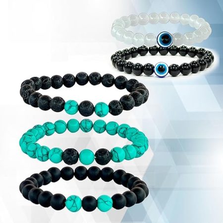 Harmony in Green Howlite Turquoise Polished Stone Bracelet with Black Onyx and Lava Beads, bonus 2 evil eye bracelets