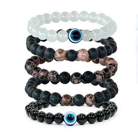 Stack of 5 Bracelets featuring Rhodonite Bead Bracelet know as Stone of Love healing, Anxiety Reduction beaded with Lava & black onyx