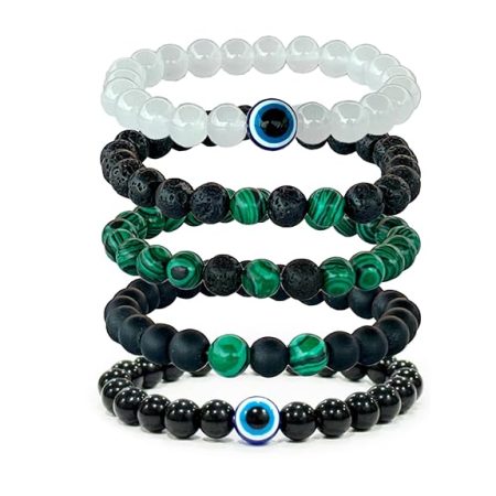 Deep Green Malachite Beads Bracelet for Spiritual Connection and Elegance, Combination of 5 Bracelets with Lava & black onyx