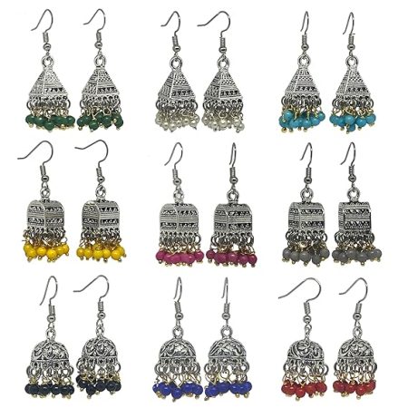 Traditional Handmade Jhumki Combos Nine Pair in Nine Different Colors Pearls Three Shaped, Oxidized Jhumkis in Dome, Triangle and Palki Shapes