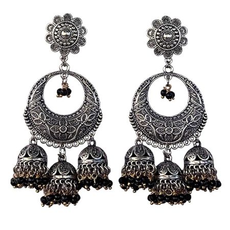 Black Boho Bollywood Style Elegance Oxidized Ethnic Dangler Designer Jhumki