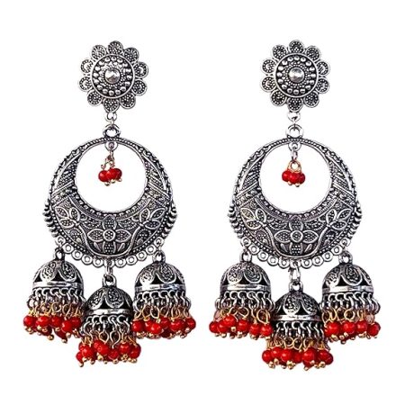 Red Boho Bollywood Style Elegance Oxidized Ethnic Dangler Designer Jhumki