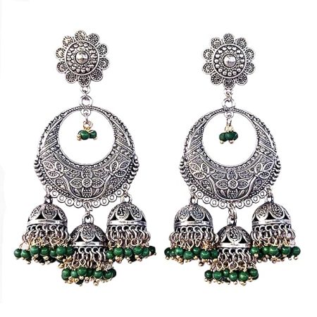Green Boho Bollywood Style Elegance Oxidized Ethnic Dangler Designer Jhumki