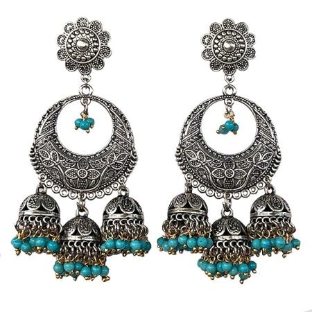 Sky Blue Cyan Boho Bollywood Style Elegance Oxidized Ethnic Dangler Designer Jhumki