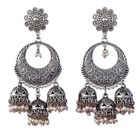 White Boho Bollywood Style Elegance Oxidized Ethnic Dangler Designer Jhumki