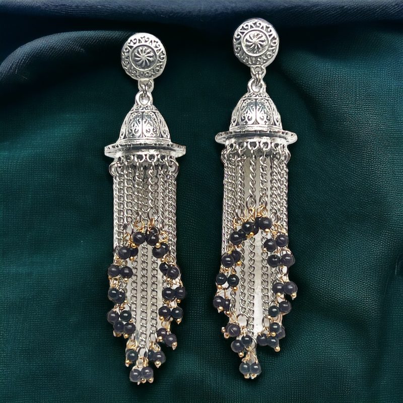 Black Bold and Beautiful: Long Oxidized Tassel Jhumka Earrings with Pretty Multicolor Options - Versatile Elegance for all kind of Wears - Image 6