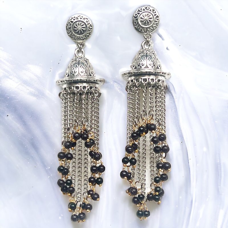 Black Bold and Beautiful: Long Oxidized Tassel Jhumka Earrings with Pretty Multicolor Options - Versatile Elegance for all kind of Wears - Image 5