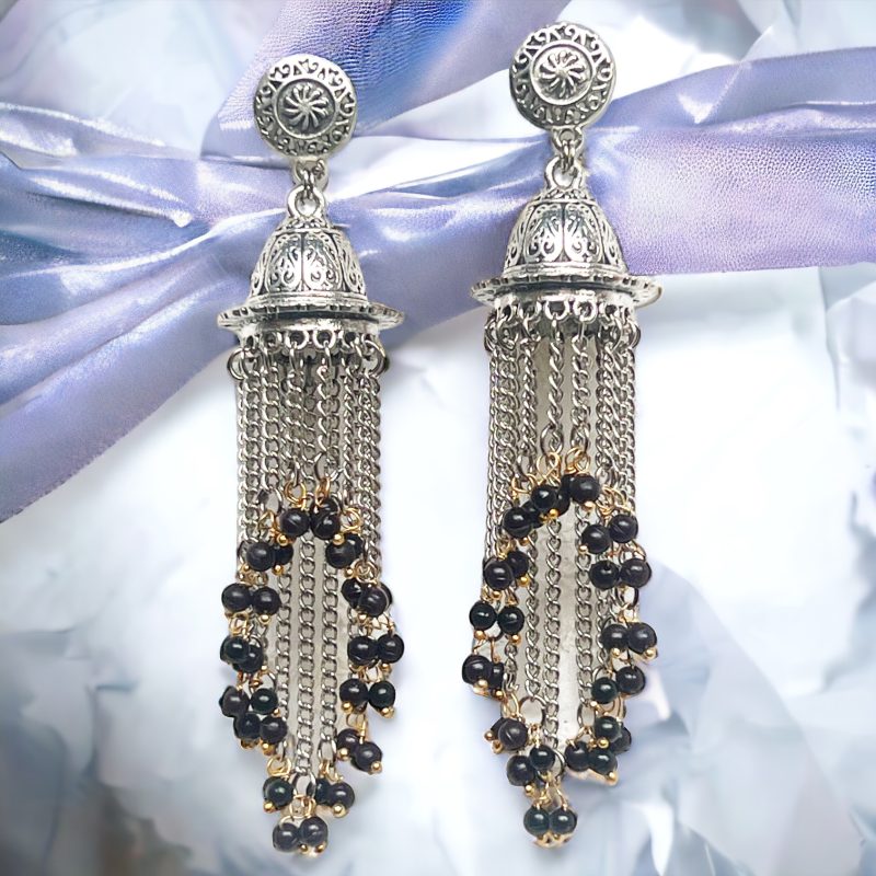 Black Bold and Beautiful: Long Oxidized Tassel Jhumka Earrings with Pretty Multicolor Options - Versatile Elegance for all kind of Wears - Image 4