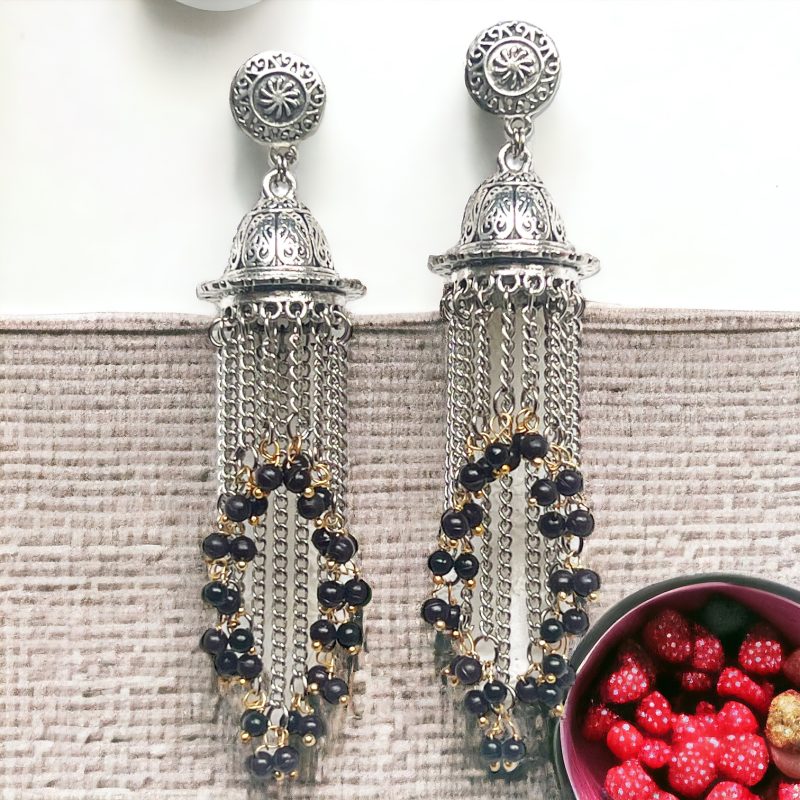 Black Bold and Beautiful: Long Oxidized Tassel Jhumka Earrings with Pretty Multicolor Options - Versatile Elegance for all kind of Wears - Image 3