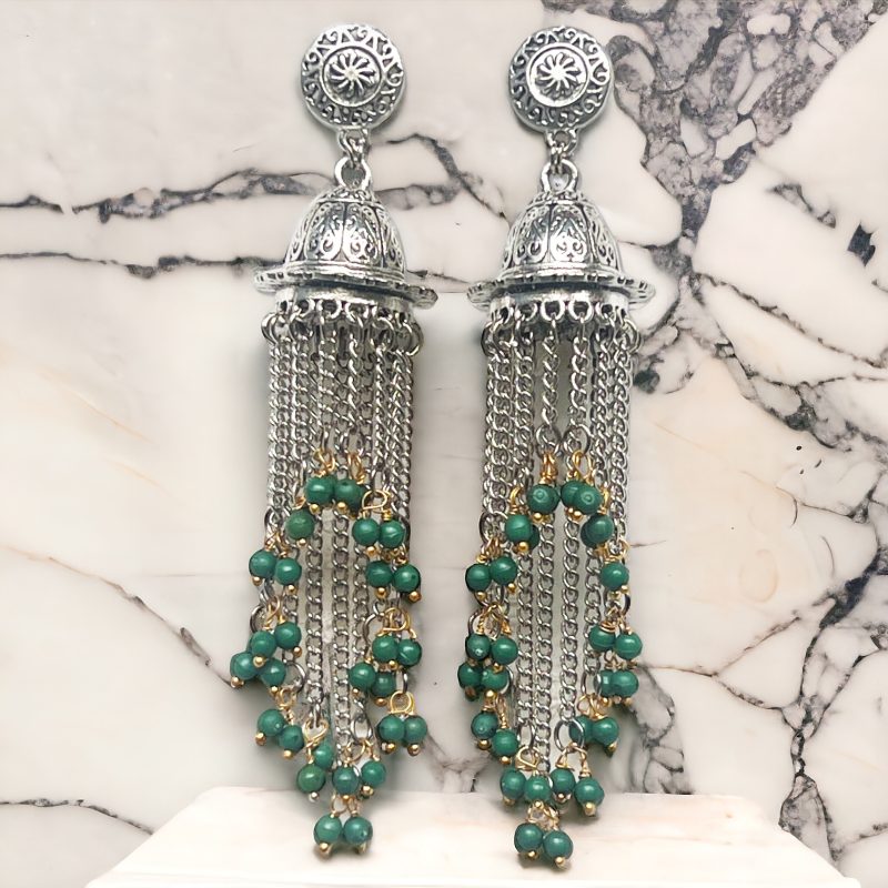 Green Bold and Beautiful: Long Oxidized Tassel Jhumka Earrings with Pretty Multicolor Options - Versatile Elegance for all kind of Wears - Image 5
