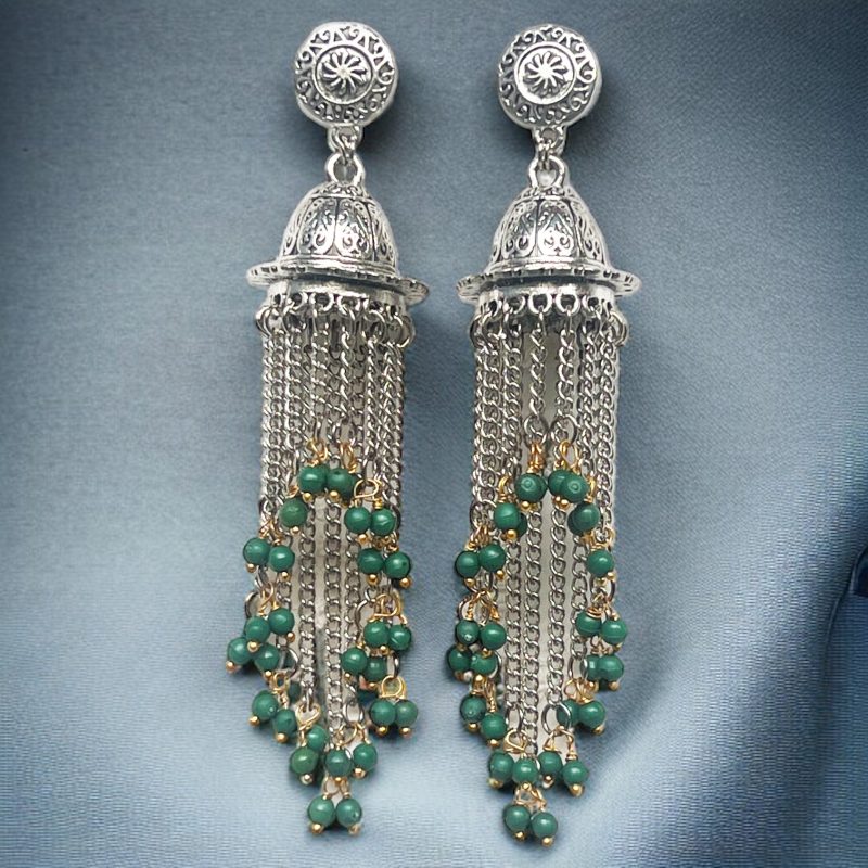 Green Bold and Beautiful: Long Oxidized Tassel Jhumka Earrings with Pretty Multicolor Options - Versatile Elegance for all kind of Wears - Image 4