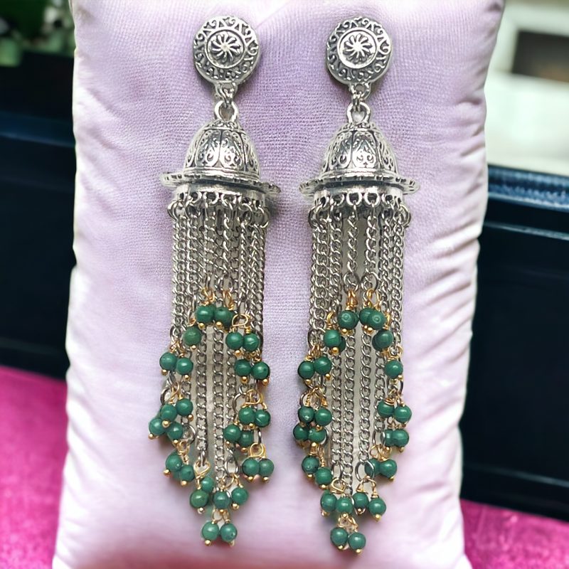 Green Bold and Beautiful: Long Oxidized Tassel Jhumka Earrings with Pretty Multicolor Options - Versatile Elegance for all kind of Wears - Image 3