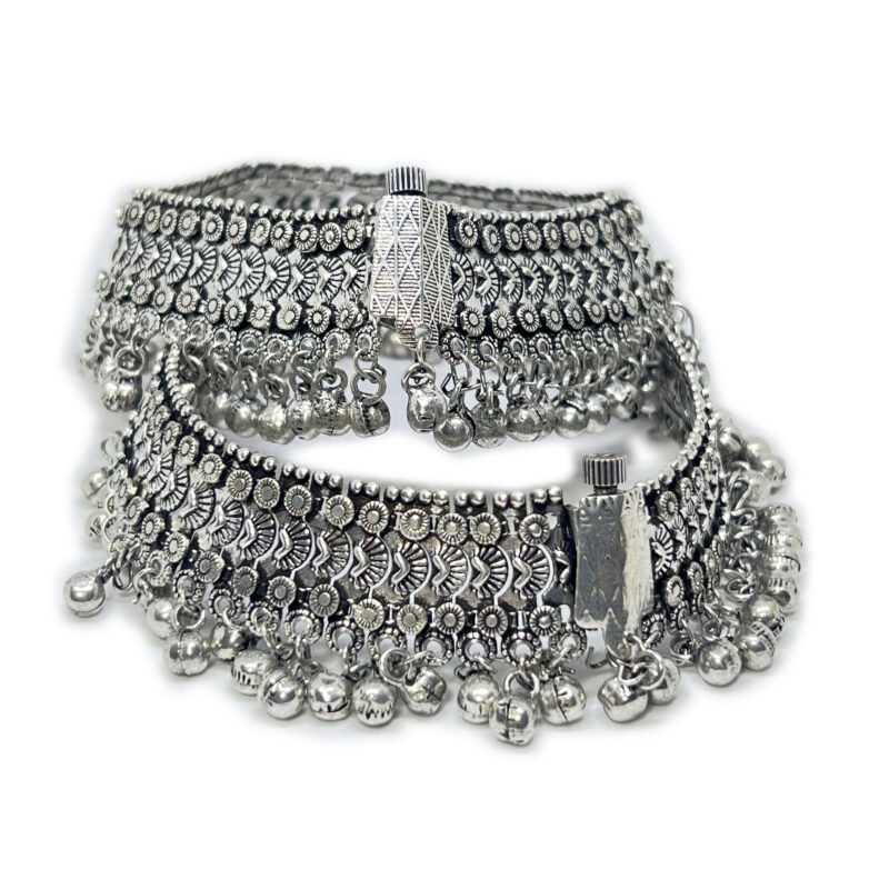 Oxidized German Traditional Ethnic Broad and heavy Payal Anklets (PAEJEB) model 30 mm With Bell Sound - Image 2