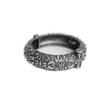 Single Piece of Silver Replica Rajwadi Sahiba Openable Bracelet & Kada, Oxidised Hand-Cuff Tribal Bangle, Traditional and Antique finish