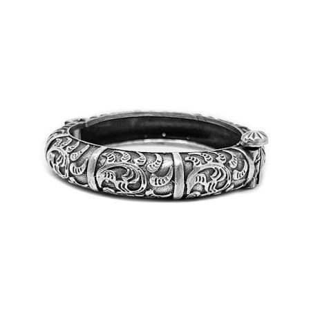 Single Piece of Silver Replica Rajwadi Sahiba Openable Bracelet & Kada, Oxidised Hand-Cuff Tribal Bangle, Traditional and Antique finish