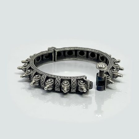 Single Piece of Silver Replica Rajwadi Sahiba Openable Bracelet & Kada, Oxidised Hand-Cuff Tribal Bangle, Traditional and Antique finish