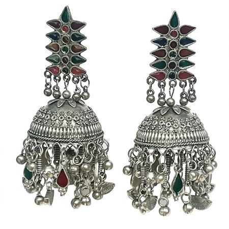 Dome Shaped Afghani Earrings with Multi-Color Stones, Big sized yet Light weight, A Statement Jewelry amd eye catcher
