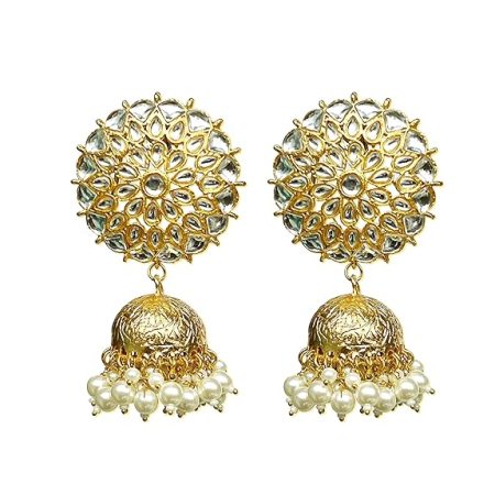 Golden Traditional & Stylish Chand Paalki Pachi Kundan Earrings Jhumki Set for women and Girls