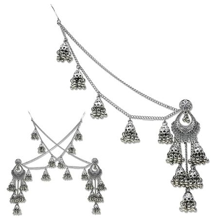Traditional Oxidized Bahubali Chandbali Jhumkas with Chains and Beads Drop for women and girls…