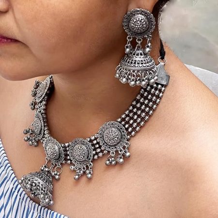 Antique Afghan Oxidized polished Ethnic Necklace and Earrings Jewelry Set with Ghungroo Bells for women and girls