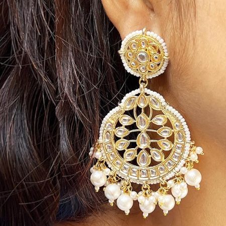 Drops & Danglers: Golden Chandbali Earrings with White Pearl Beads for women and girls