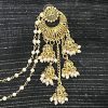 Golden Chand Bali Design Ear Ring with Kan Chain and White Beads Hair Chain for women and girls - Image 4