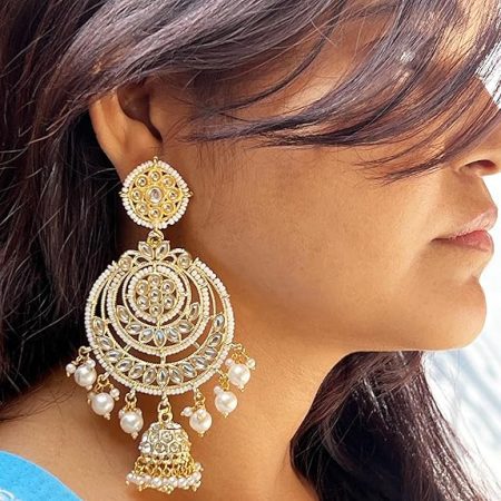 Golden Finish Kundan Chandbali with White beads Setting for girls and women