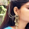 Golden Chand Bali Design Ear Ring with Kan Chain and White Beads Hair Chain for women and girls