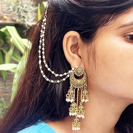 Golden Chand Bali Design Ear Ring with Kan Chain and White Beads Hair Chain for women and girls