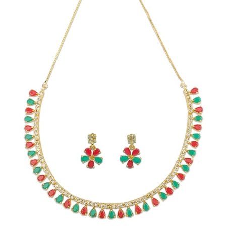 Stone Embellished Gold Plated Necklace Set with Earrings with Red, Green Stone & Sparkling White American Diamond