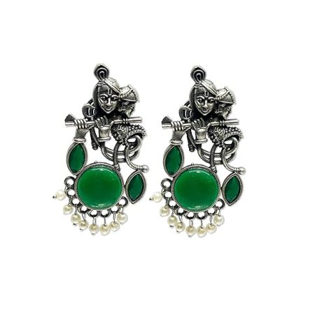 Oxidized Radha Krishna Earrings for Krishna Janmashtami and Garba Celebrations with Monalisa Stone - Divine Bond Celebration Earring