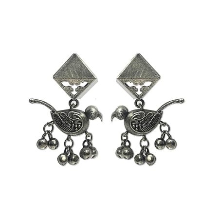 Black Oxidized Myna Bird Earrings with Ghungroo – Silver Look-Alike Earring