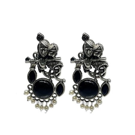 Oxidized Radha Krishna Earrings for Krishna Janmashtami and Garba Celebrations with Monalisa Stone - Divine Bond Celebration Earring