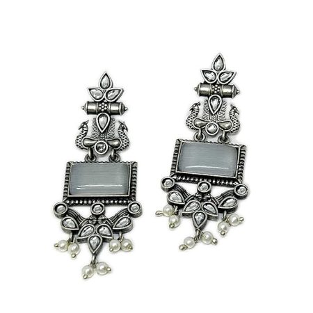 Monalisa Stone Peacock Earrings - Oxidized Finish, Brass, Silver Replica, Exquisite Oxidised Peacock Earring