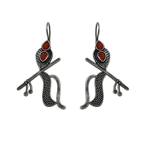 Oxidized Krishna Mor Pankh Earrings with Murli - Bansuri & Krisnha Bhakti inspired for women and girls