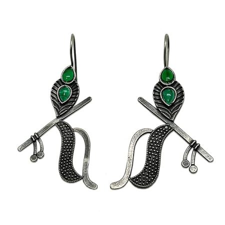 Oxidized Krishna Mor Pankh Earrings with Murli - Bansuri & Krisnha Bhakti inspired for women and girls